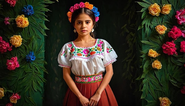 a girl in a traditional dress stands in front of a wreath that says no