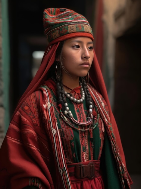 A girl in a traditional outfit with a large beaded headdress and a red and green hat.