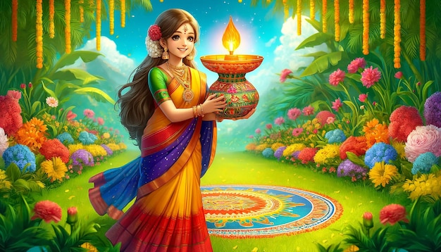 A girl in traditional Tamil attire holding a lamp sculpture