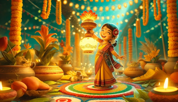 A girl in traditional Tamil attire holding a lamp sculpture