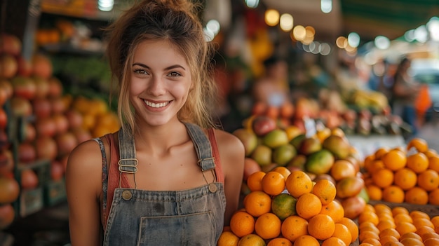 Girl traveler buying fresh fruit on food market at street