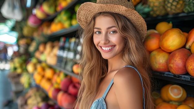 Girl traveler buying fresh fruit on food market at street