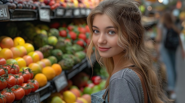 Girl traveler buying fresh fruit on food market at street