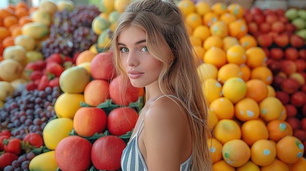 Girl traveler buying fresh fruit on food market at street