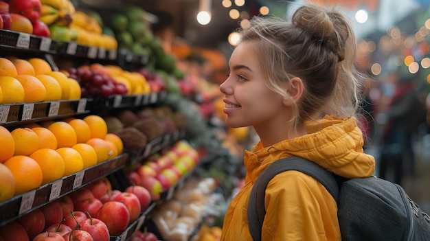 Girl traveler buying fresh fruit on food market at street