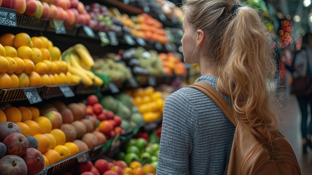 Girl traveler buying fresh fruit on food market at street