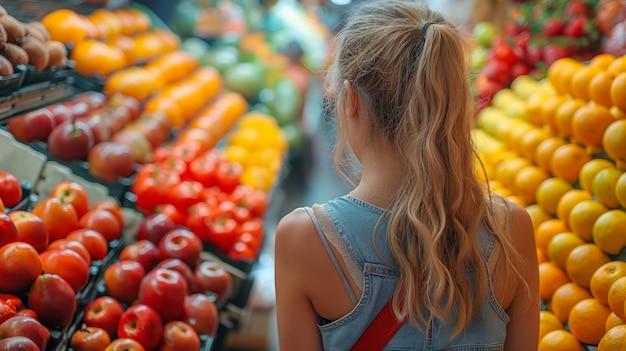 Girl traveler buying fresh fruit on food market at street