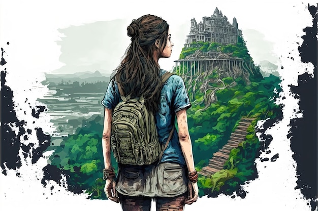 A girl traveler in a ruined city Digital art