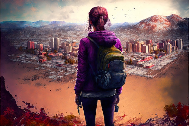 A girl traveler in a ruined city Digital art