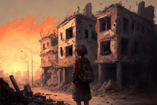 A girl traveler in a ruined city Digital art