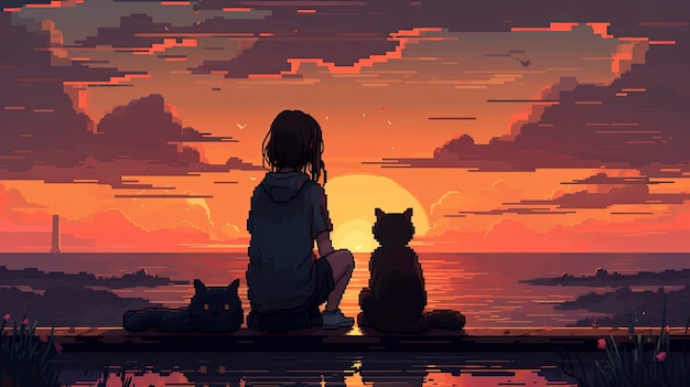 A girl and two cats watching the sunset