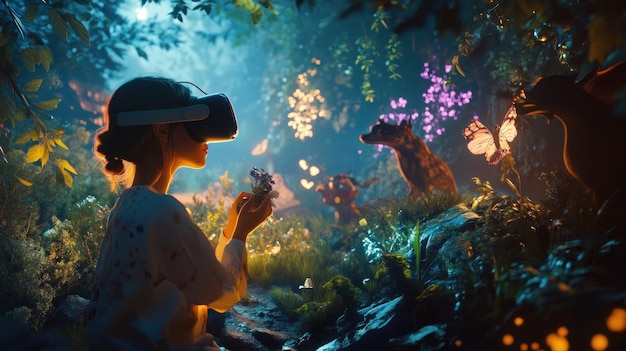 Photo a girl in virtual reality exploring a magical forest