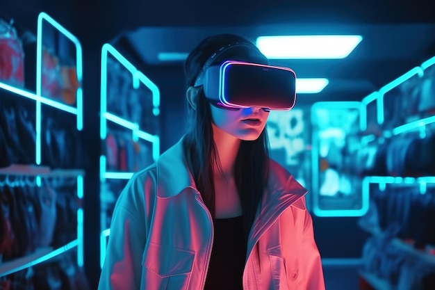 Girl in VR headset walks in store woman customer using virtual reality generative AI