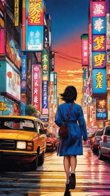 girl walking along a bustling city boulevard in a popart portrayal