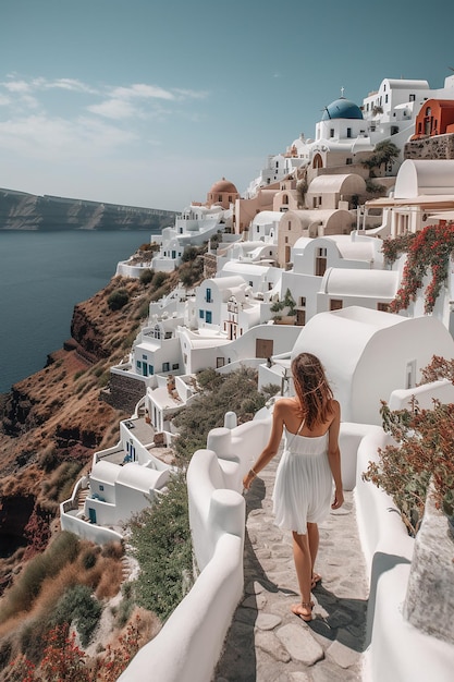 A girl walking down a steep hill in santorini