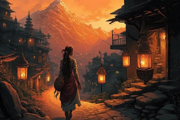 Girl walking at sunset in a Himalayan village Generative AI