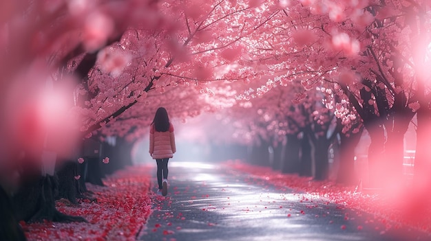 A girl walking towards a sakura flower tree area