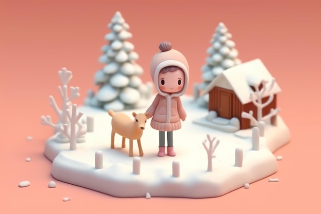 A girl walking in winter season concept 3d Tiny cute isometric Generative AI