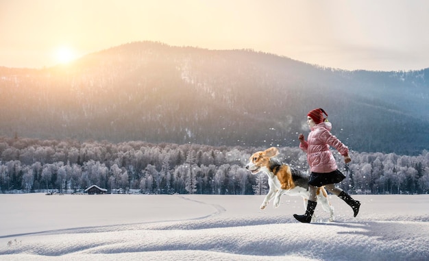 Girl walking with dog in winter. Mixed media