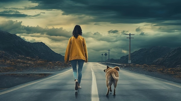 girl walking with dog