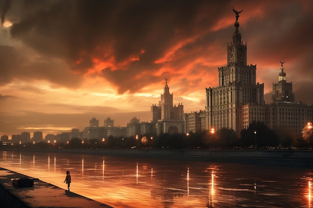 A girl walks along a river in front of a sunset.