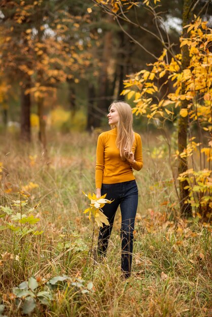 Girl walks in the autumn forest. A young woman on a background of yellow and orange leaves