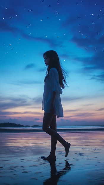 a girl walks on the beach in front of a starry sky