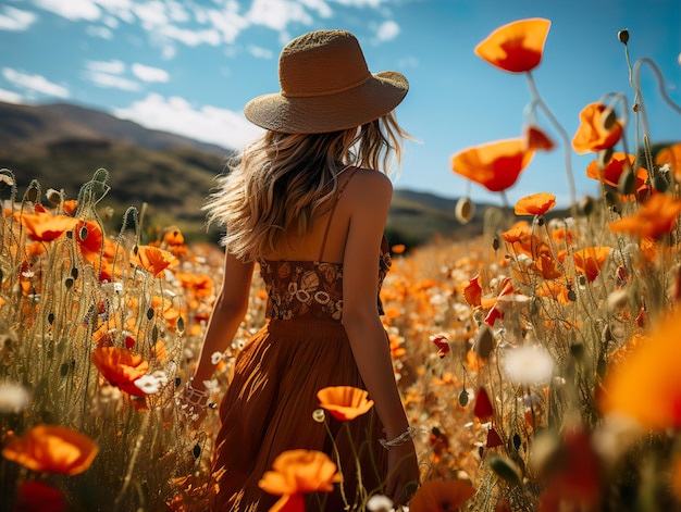 A girl walks in a poppy field view from the back Generative AI