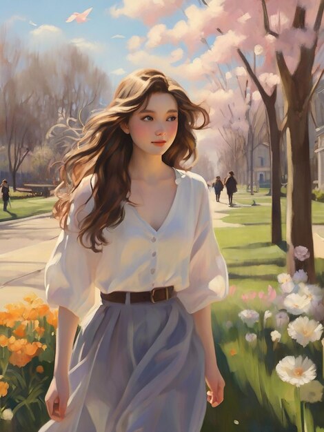 A girl walks in the spring afternoon air