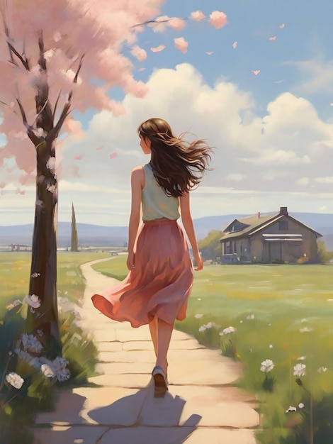 A girl walks in the spring afternoon air