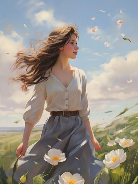 A girl walks in the spring afternoon air