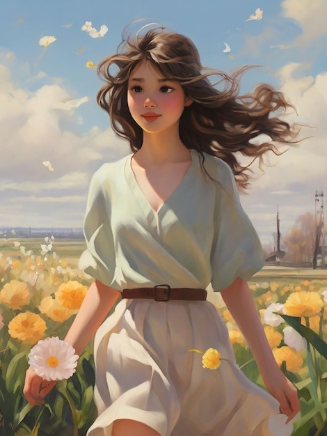 A girl walks in the spring afternoon air