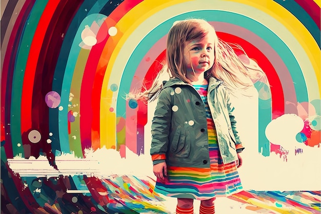 A girl walks through a bright place painted in multicolored stripes