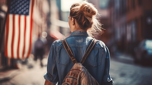 A girl walks through the city decorated with flags on independence day 4th of July bright sunlight the idea of a banner or postcard for labor day Generative Ai