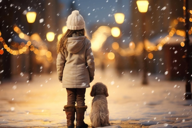 A girl walks with a dog along the snowcovered streets lit by lanterns in winter ai generated