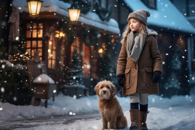 A girl walks with a dog along the snowcovered streets lit by lanterns in winter ai generated