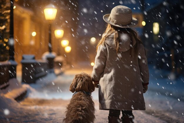 A girl walks with a dog along the snowcovered streets lit by lanterns in winter ai generated