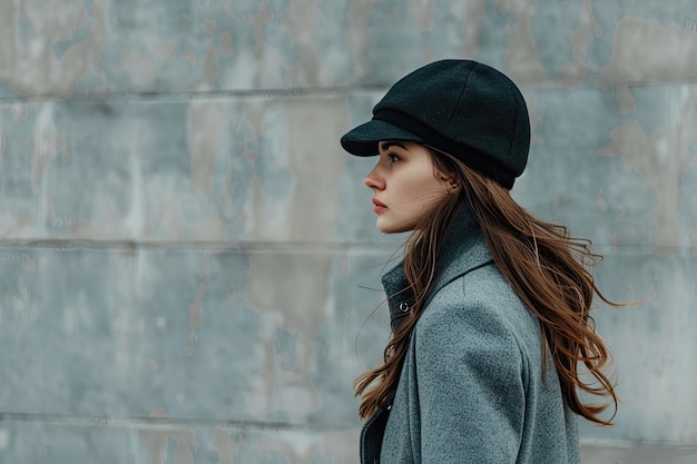 Photo girl walks woman in a gray coat brunette with a black cap