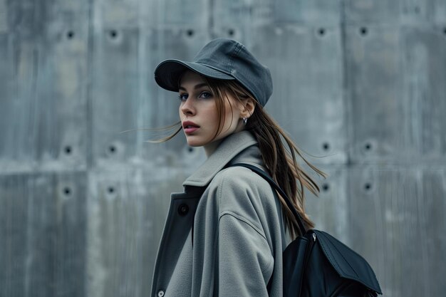 Photo girl walks woman in a gray coat brunette with a black cap