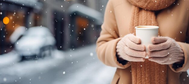 girl warms her hands with a hot drink in winter Generative AI