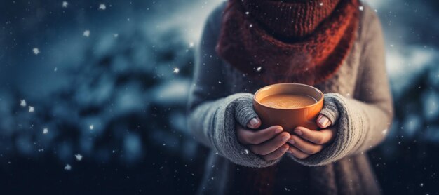 girl warms her hands with a hot drink in winter Generative AI