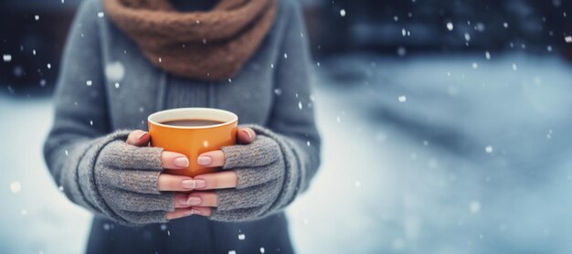 girl warms her hands with a hot drink in winter Generative AI