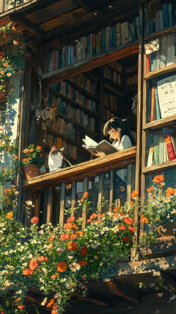 A girl was reading on the balcony her cat was sleeping next to her and flowers were growing in front