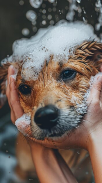 Photo girl washing funny wet dog in the bath