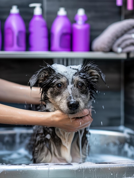 Photo girl washing funny wet dog in the bath