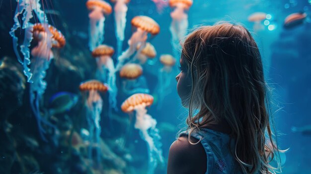 Photo girl watching fish in aquarium