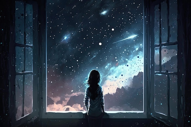 Girl watching the space Stars are digital illustration