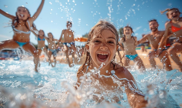 a girl in the water with her mouth open and her friends in the background