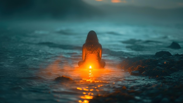 a girl in the water with a light on