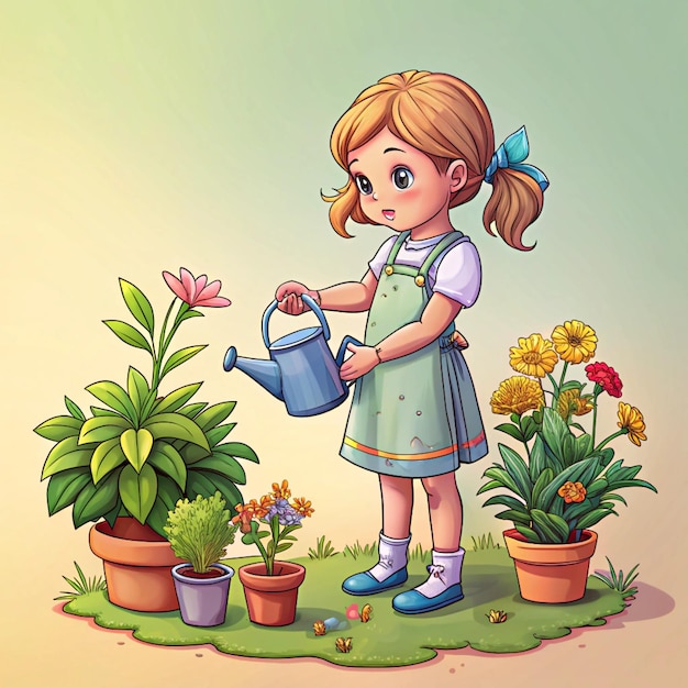 Photo a girl watering plants with a watering can and a pot with a plant in it